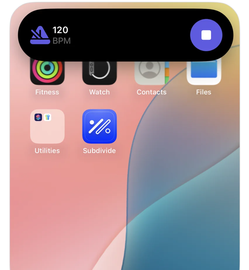 iOS Live Activity showing current tempo in Subdivide app