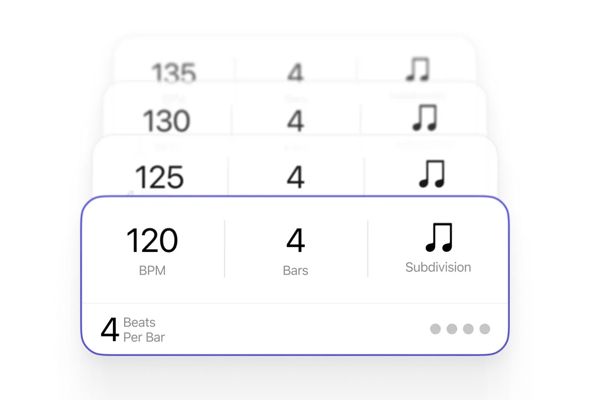 A stack of Subdivide track section cards with tempo, number of bars, subdivision, and accent patterns, showing an increase in 5 beats per minute on each card