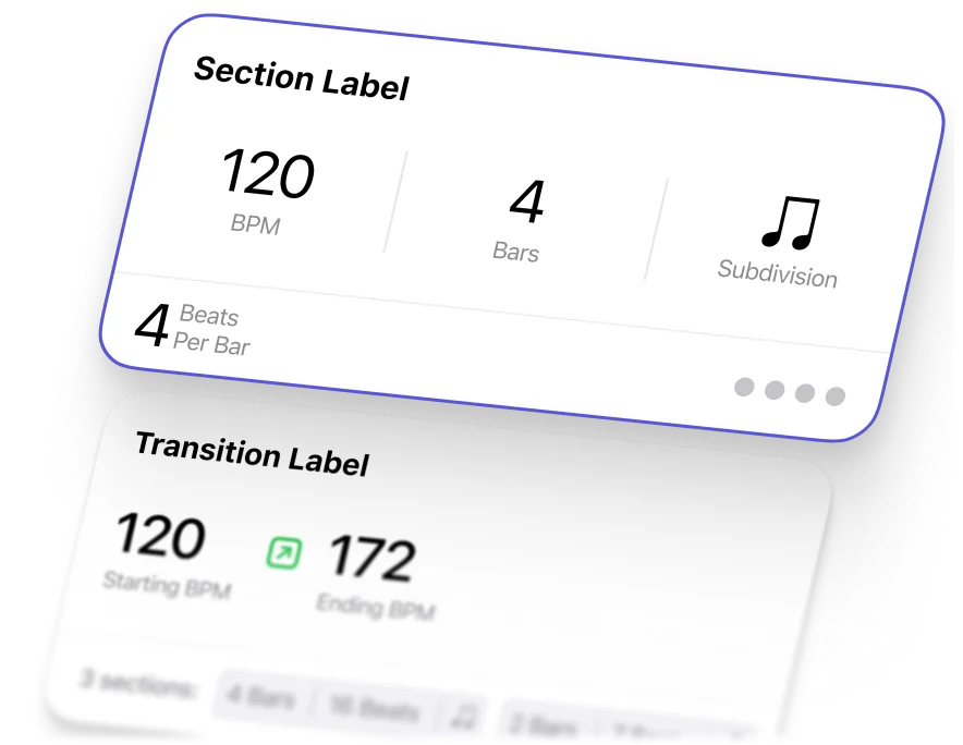 Screenshot of Subdivide app showing a music track with multiple tempo sections